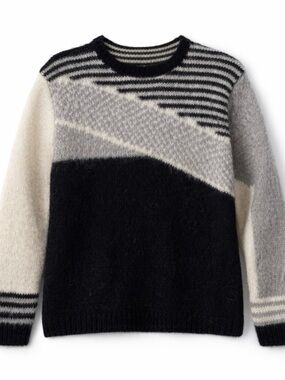 Men's Geometric Colorblock Crewneck Sweater in Black, Gray & Cream